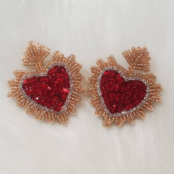 Red N Gold Flaming Heart Earrings Sacred Heart Earrings - Etsy