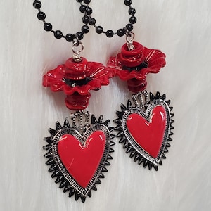 Folk Art Necklace, Milagros Sacred Heart Pendant, Ex Votos, Corazon, Latina, Flaming Heart, Hand Painted Milagros, Ball Chain, Glass, Latina