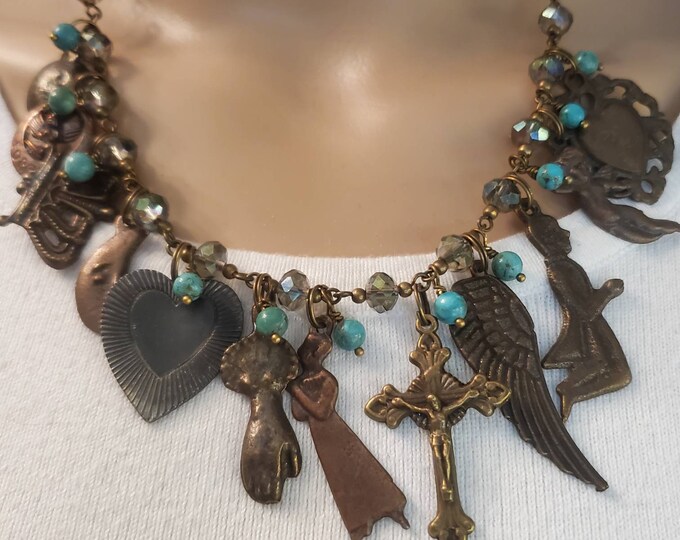 Milagros Charm Necklace, Chunky Charm Necklace, Virgin Mary Necklace
