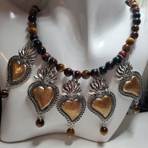 Milagros Necklace, Sacred Heart Necklace, Mexican Milagros Hearts, Flaming Heart Necklace, Corazon, Mexican Style Necklace, Ex Votos, Latina