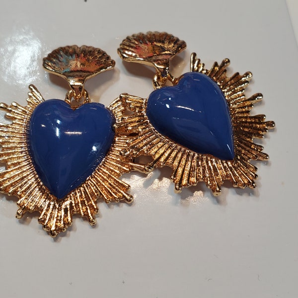 Steel Gray Blue and Gold Flaming Heart Earrings , Sacred Heart Earrings, Milagros, Immaculate Heart, Corazon Sacred Heart, Ex Votos, Latina