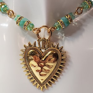 Milagros Necklace, Sacred Heart Necklace, Mexican Milagros Hearts, Flaming Heart Necklace, Corazon, Mexican Style Necklace, Ex Votos, Latina