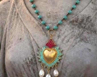 One Sacred Heart Pendant Necklace with Pearls: Hand Painted Milagros, Green Rosary Chain