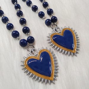 Milagros Necklace, Sacred Heart Necklace, Mexican Milagros Hearts, Flaming Heart Necklace, Corazon, Mexican Style Necklace, Ex Votos, Latina