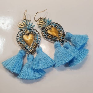 Milagros Earrings, Sacred Heart Earrings, Milagros Hearts, Flaming Heart Earring, Corazon, Handpainted, Little Tassels, Fun Earrings, Fiesta
