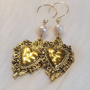 Milagros Earrings, Sacred Heart Earrings, Mexican Milagros Hearts, Flaming Heart Earrings, Corazon, Real Pearl Earrings, Ex Votos with Pearl