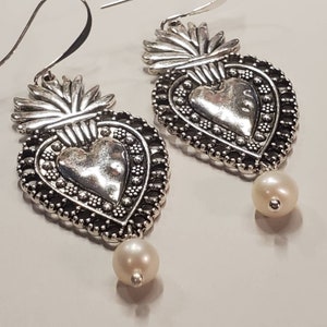 Milagros Earrings, Sacred Heart Earrings, Mexican Milagros Hearts, Flaming Heart Earrings, Corazon, Real Pearl Earrings, Ex Votos with Pearl