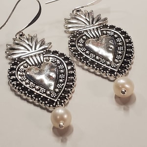 Milagros Earrings, Sacred Heart Earrings, Mexican Milagros Hearts, Flaming Heart Earrings, Corazon, Real Pearl Earrings, Ex Votos with Pearl