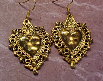 Milagros Earrings, Sacred Heart Earrings, Boho jewelry, Gold color earrings, Corazon Earrings, Heart earrings, Boho Earrings, Spiritual