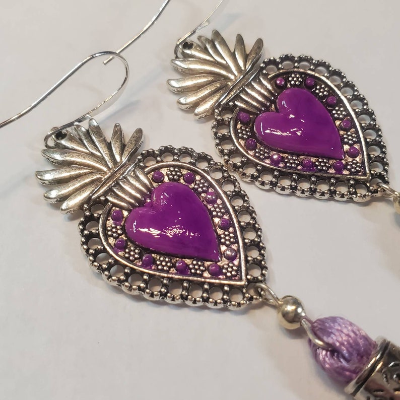 Gift for Her Corazon Flaming Heart Earrings Sacred Heart Earrings with Tassels Handpainted Milagros Earrings Mexican Milagros Hearts