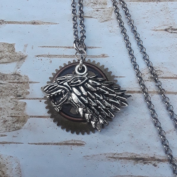 House Stark Dire Wolf Necklace Mens Steampunk Wolf Necklace, Game of Thrones Necklace, Steampunk Wolf, Steampunk Necklace Stark House, Wolf