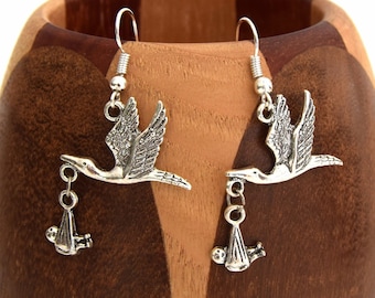 Silver stork and baby earrings to be delivered, silver bird clips