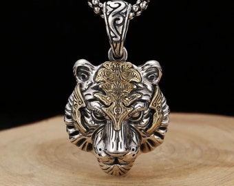 1 Detailed Celtic Tiger Head Pendant Necklace. Man or woman. Nordic Viking feline in silver and gold metal