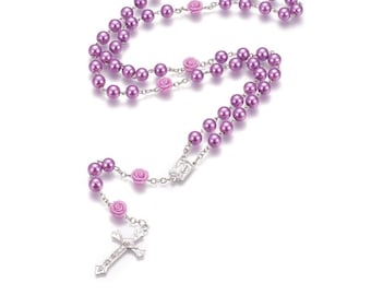 Glass bead rosary with pink crucifix 48cm