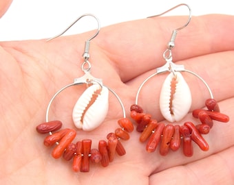 Creole earrings coral bamboo red and shell cowries, jewelry summer beach