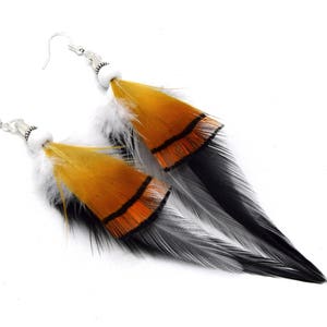 Natural Taima orange black feather earrings; chic ethnic earrings, party feather earrings, jewelry