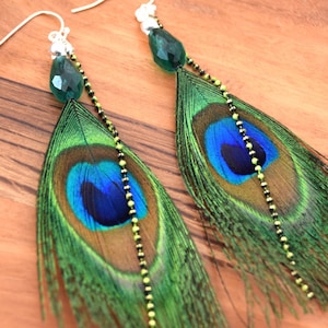 Boucles D'oreilles Pendantes Oiseaux Avec Plumes Bleu/vert - Bronze, Neuf Sans Emballage