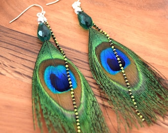 Earring feather of peacok Olathe, faceted Crystal bead