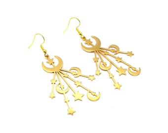 Earrings celestial moon golden star