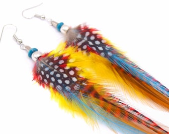 Yellow Tekoa Feather Earrings with Red Grizzly Feather