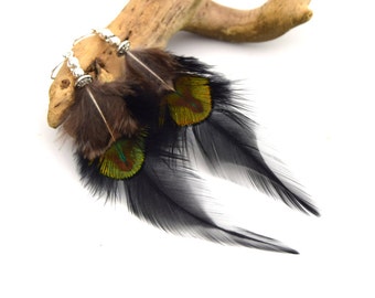 Boucles d'oreilles plumes Abeytu - Ethnic Feather - Bijoux ethniques - Bijoux indiens - Boho - plumes de paon
