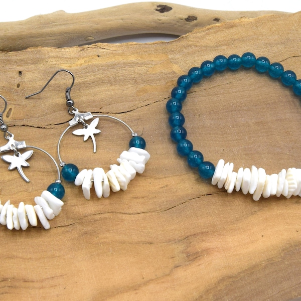 Bracelet et boucles oreilles en perle de jade bleu et chips de coquillage blanc, créoles acier inoxydable avec libellules, cadeau femme