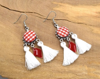 Red gingham chandelier earrings, vintage jewelry from the 60s