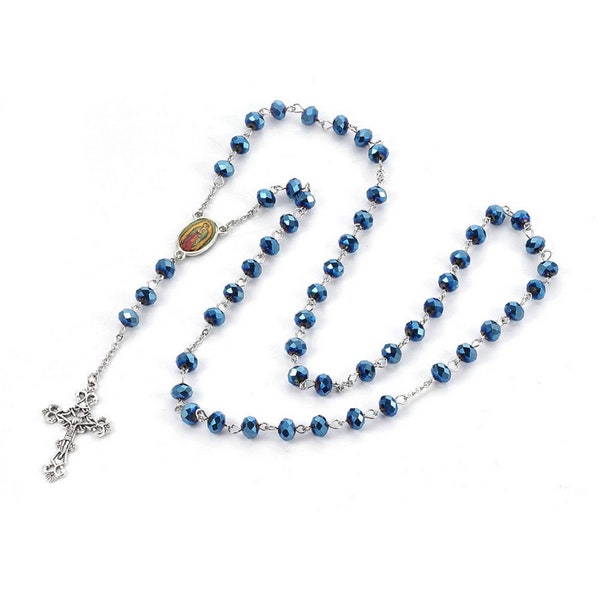 Chapelet en perles verre avec crucifix couleur bleu/acier inoxydable 304-70cm