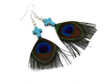 Earring Pearl turquoise cross, Peacock feather jewelry peacock feathers