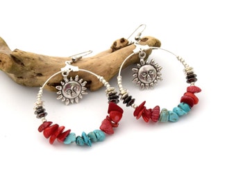 Coral turquoise Sun Creoles-semi precious stone Creoles/hoops Sun turquoise coral-semi-precious stone earrings