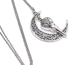 Crescent moon and bird skull pendant necklace, Wicca jewelry