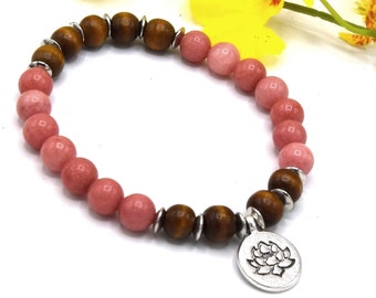 Bracelet femme lotus morganite et perles bois ébène -Bracelet élastique yoga mala énergie boho hippie chic-