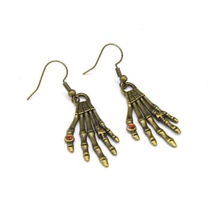 Red rhinestone bronze skeleton hand earrings, Halloween