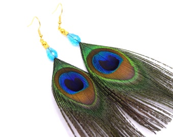 Olathe peacock feather earring, crystal faceted pearl