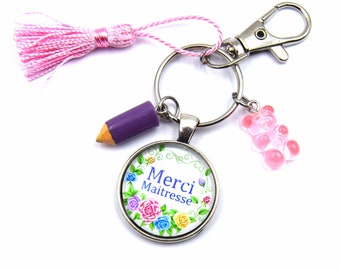 Porte-clés cadeau Maitresse d'école, cadeau professeur, porte-clés message "merci maitresse"