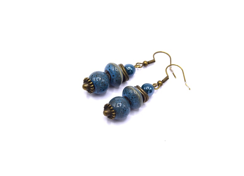 Boucles d'oreilles bleues en céramique, Boho chic, cadeau femme, anniversaire image 2