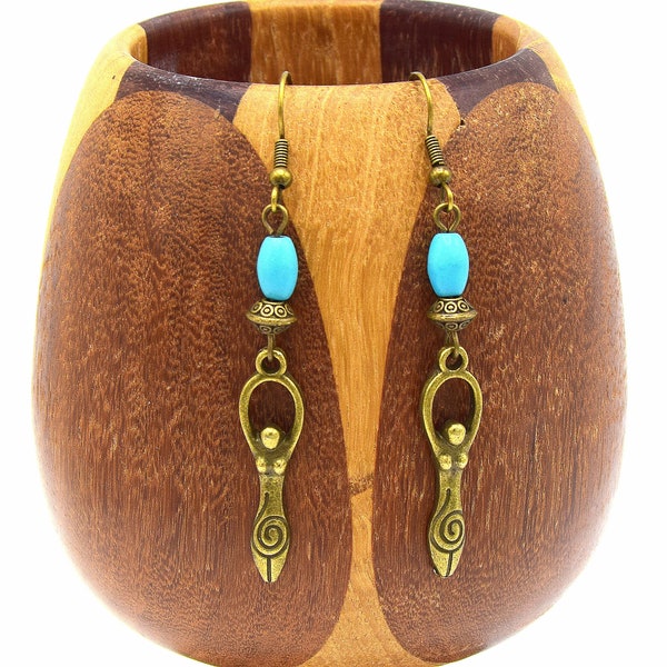 Boucles d'oreilles déesse fertilité bronze et turquoise, déesse mère