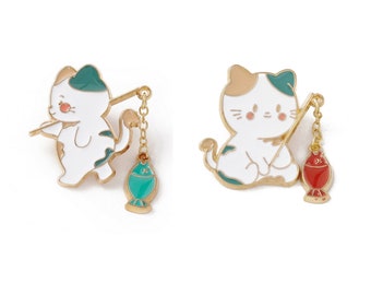 Manga fishing cat pin brooch, cat with fish 2 models