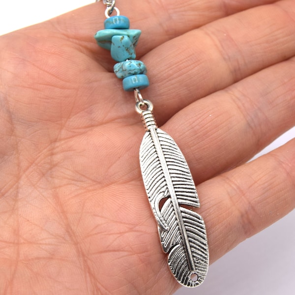 Collier pendentif plume argent et pierres turquoise