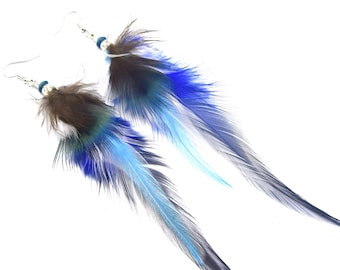 Hateya feather earrings - Ethnic Feather - Ethnic jewelry - blue feather and peacock