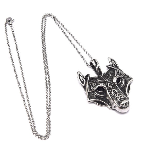 Collier pendentif tête de loup gravé celtique thème Viking en acier inoxydable 304