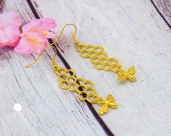 Bee and gold aveoli earrings, beekeeper jewelry, beehive jewelry and honey