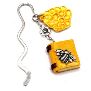 Miniature book bookmark bee and his honey bee, bookmark gift, old bookmark book mark metal, polymer book.