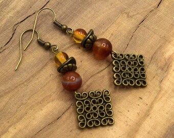 Boucles d'oreilles  bronze ambre, pendant géométrique perle d'agate feu,  bijoux ethniques