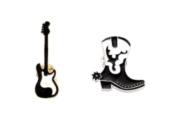 Broche alfileres guitarra de música rock y botas occidentales en blanco y negro - Conjunto de 2 o individualmente