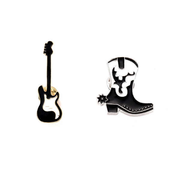 Broche pins rock musique guitare et bottes western noir et blanc - Lot de 2 ou à l'unité