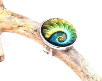 Nautilus ring, turquoise green Ammonite image cabochon, stainless steel, women's gift