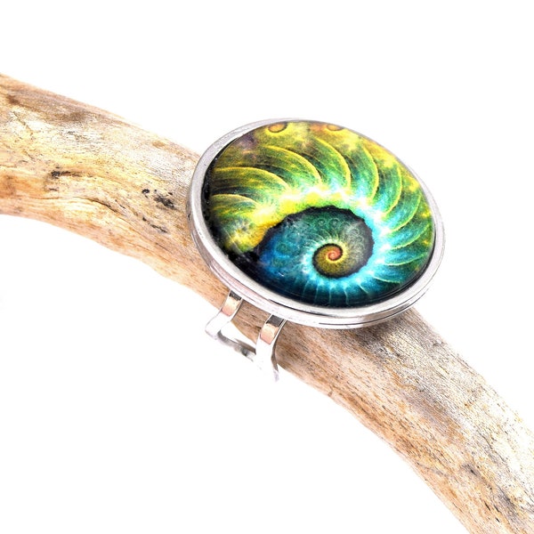 Nautilus ring, turquoise green Ammonite image cabochon, stainless steel, women's gift