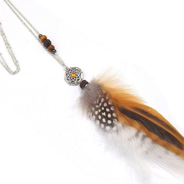 Sautoir Pendentif plumes naturelles dream-catcher, collier pendentif plume, bijoux amérindien, collier bohème, ethnique, collier en plumes