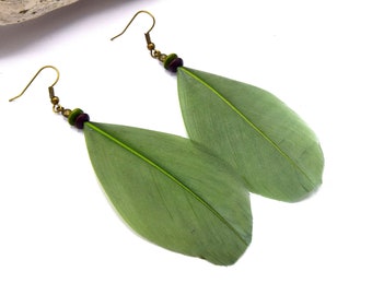 Earrings feathers green leaves